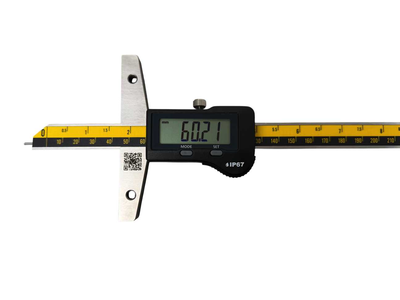 Microtech Metrology 0-300mm Tiefenmessschieber Swiss Digit 11mm, IP67. Digitalanzeige zeigt 60.21mm, Frontalansicht.