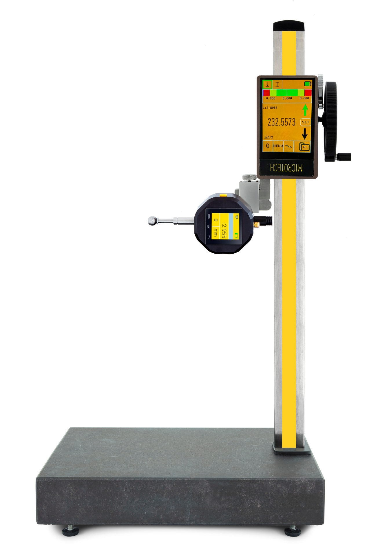 Microtech Metrology 2D Messmaschine: Silberner Ständer, gelbe Streifen, großes digitales Display, Laser Sensor Frontalansicht
