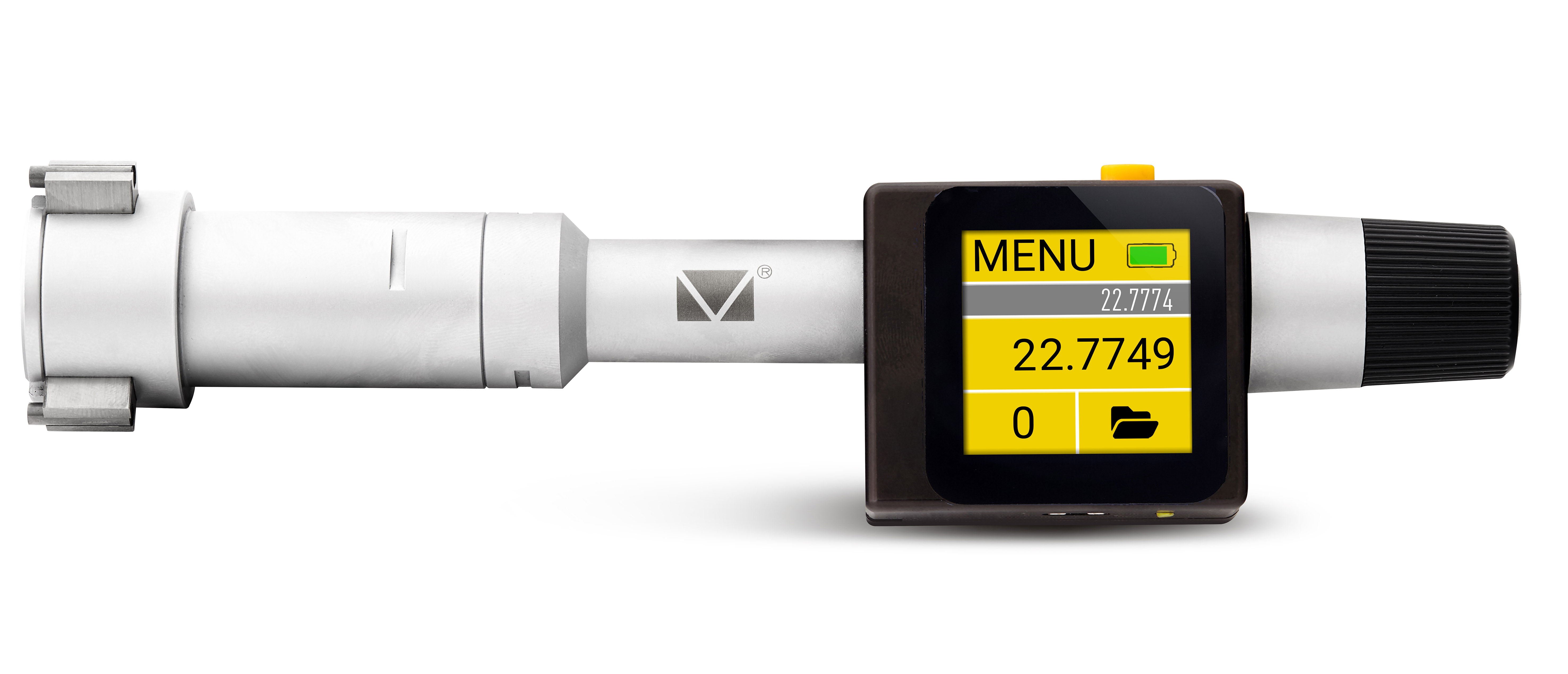 Microtech Drei-Punkt-Innenmessschraube: Grau-schwarzer Körper, Touchscreen mit 22.7749mm Messwert Frontalansicht