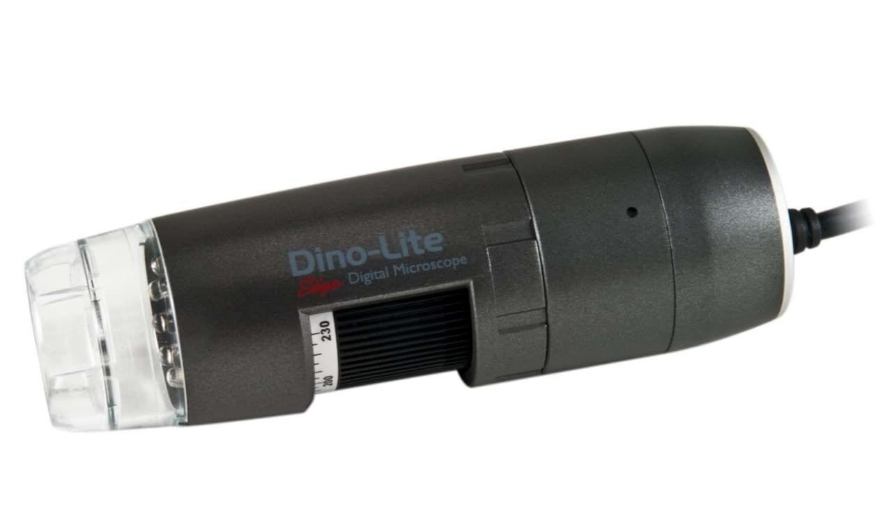 Dino-Lite AM4115T-JU USB Digitalmikroskop: Graues Kunststoffgehäuse mit transparentem Endstück, schräg liegend