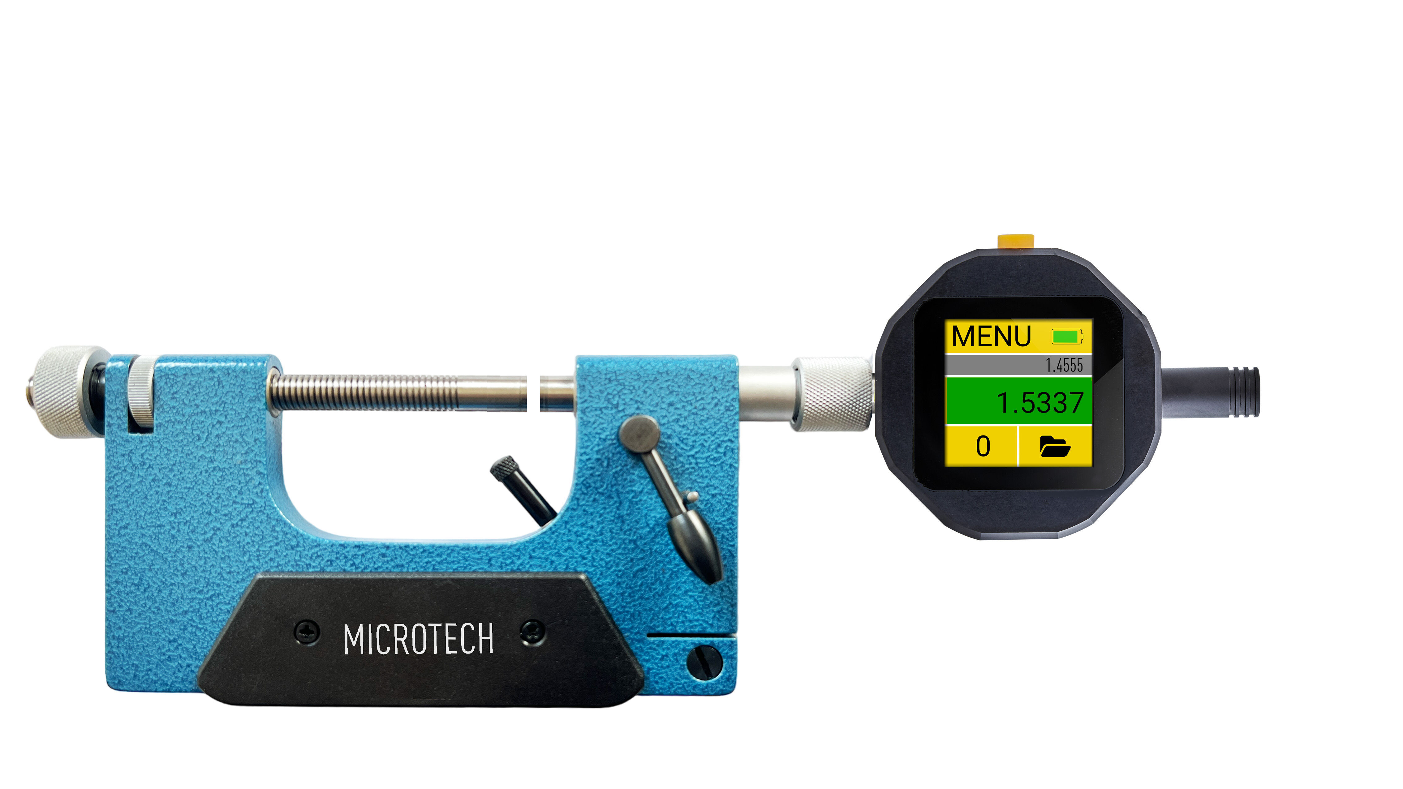 Microtech Digital Bügelmessschraube 200-250mm: Blauer Rahmen, digitales Display mit Werten, Frontalansicht