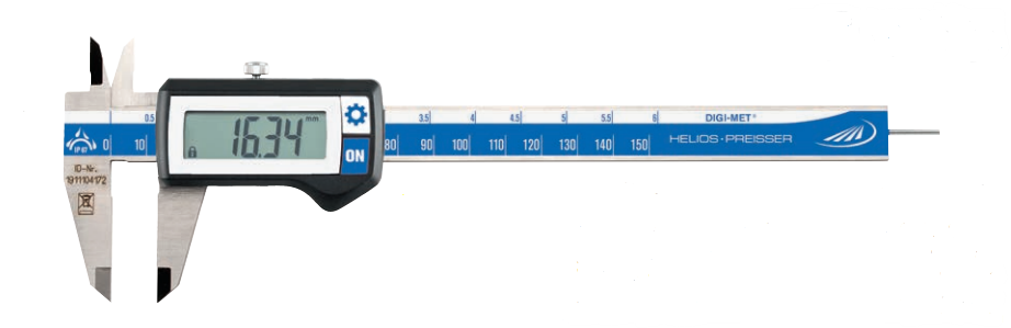 DIGI-MET Digital Taschenmessschieber 0-150mm: Frontalansicht Edelstahl mit schwarzem Display, IP67-Kennzeichnung