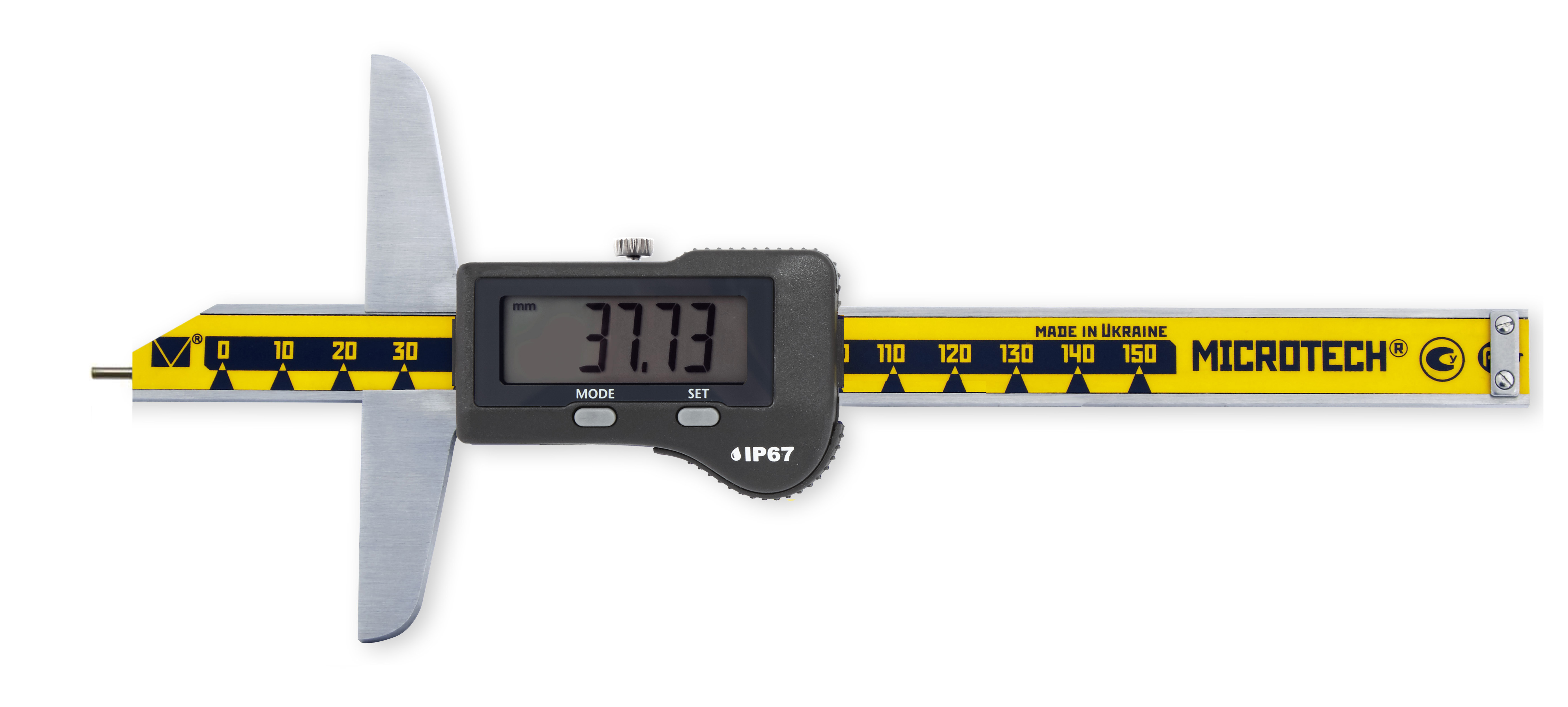Microtech Digital Tiefenmessschieber 150mm - Frontalansicht mit 37.73mm Anzeige, IP67, gelber Skala