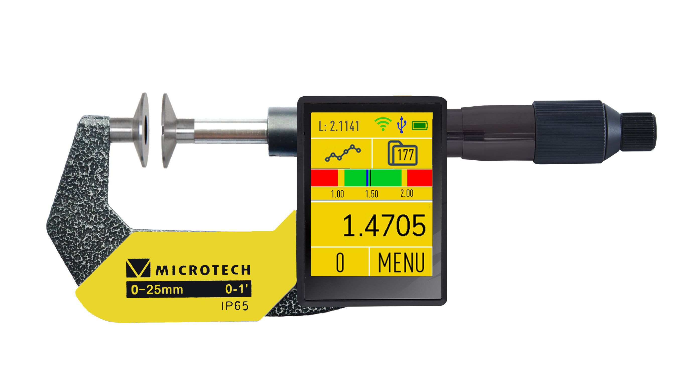 Microtech Digital Messschraube: Grau-gelber Bügel, Touchscreen mit 1.4705 Anzeige, Frontalansicht