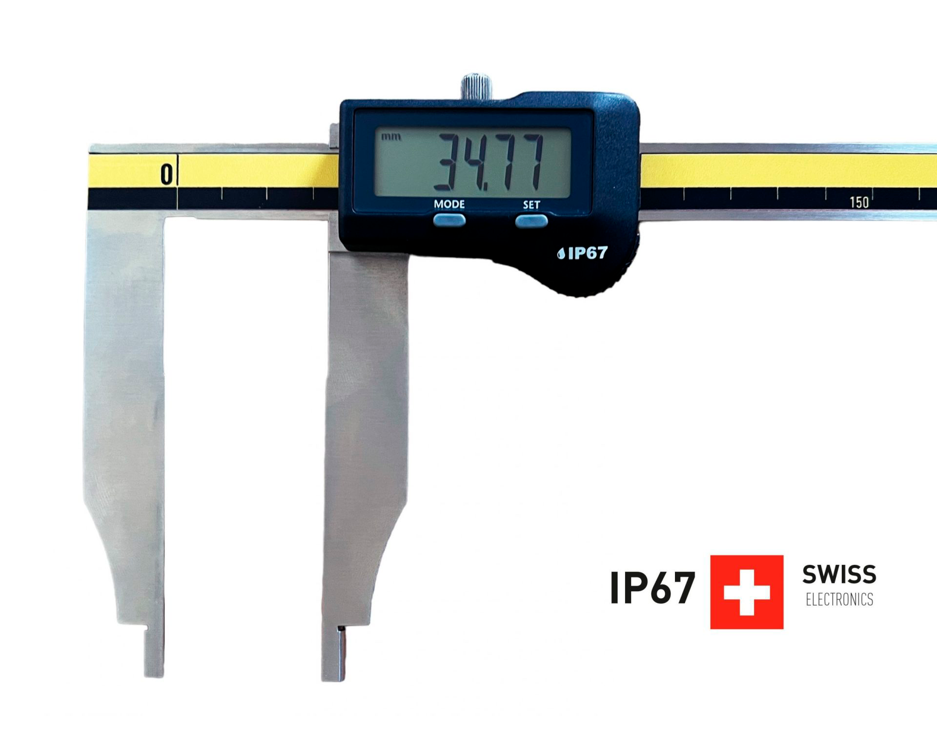 Microtech Metrology 500mm Digitaler Messschieber: Frontalansicht mit 100mm Messschnabel, IP67 Anzeige
