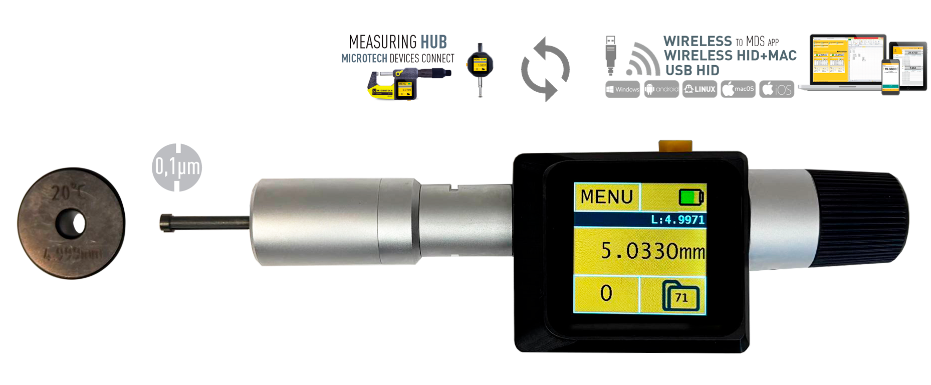 Microtech Metrology Drei-Punkt-Innenmessschraube, 5,0mm – Silbernes Gehäuse, schwarzer Touchscreen, Frontalansicht