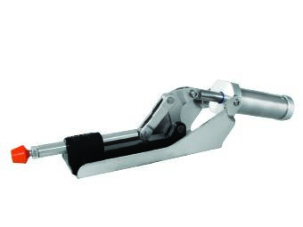 Kukamet Pneumatischer Schubstangenspanner auf weißem Hintergrund. Der Fuß ist flach und aus Gusseisen. Der Arm endet in einem roten Kunststoffkopf. Das pneumatische Modul zeigt nach unten.
