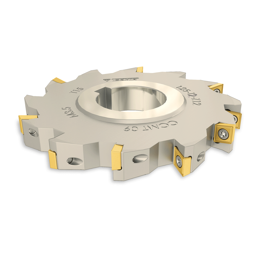 Scheibenfräser auf weißem Hintergrund. Mit 12 Zähnen. Auf der Oberfläche befinden sich das Logo der Herstellers Teknik Makina und der Artikelcode. Dieser Code besteht aus den Technischen Daten, wie z.B. Durchmesser und passende Wendeplatten, des Fräsers.