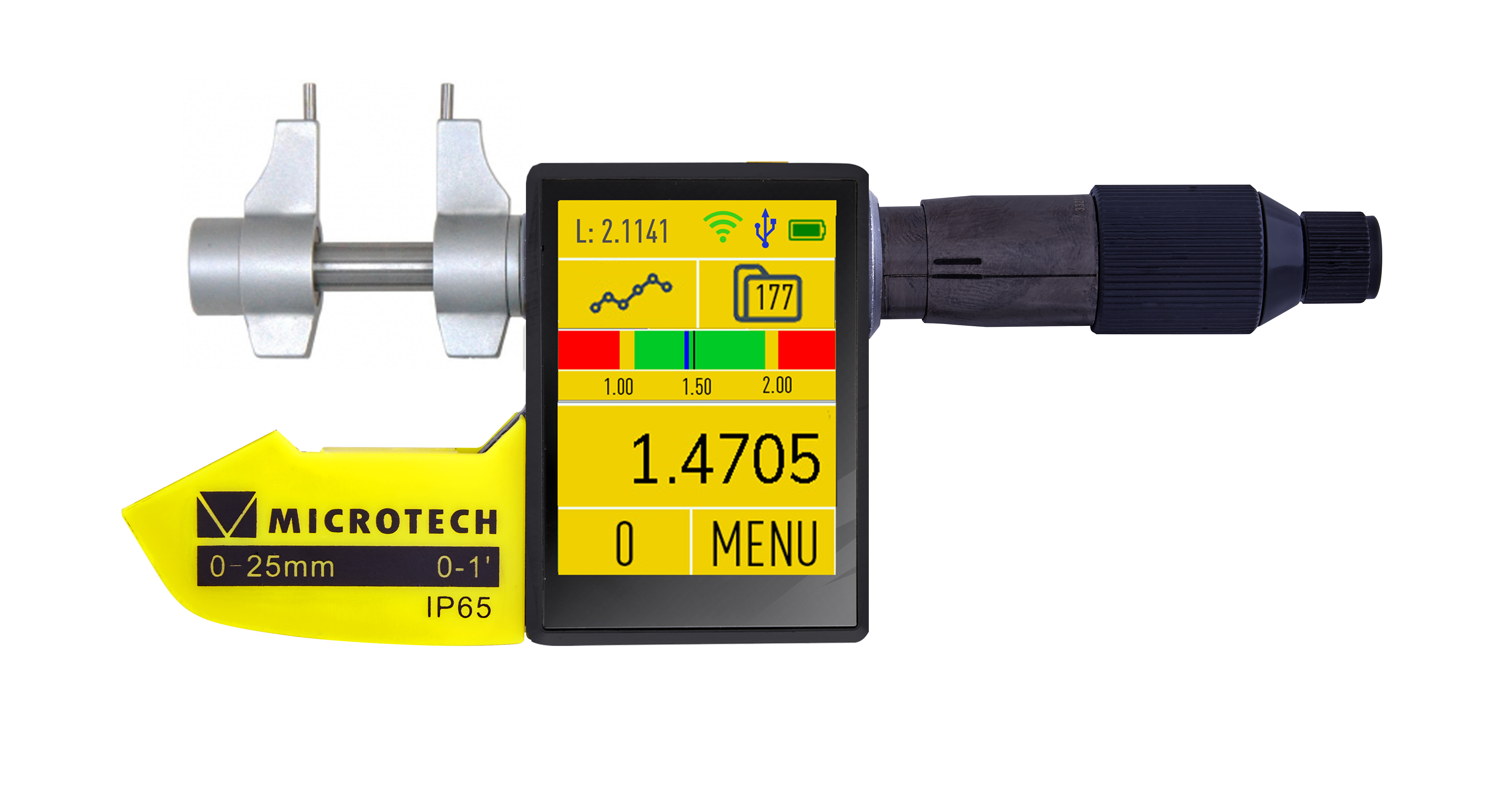 25-50mm Messschraube - Frontalansicht, gelb/schwarz mit Farb-Touchscreen, digitales Display