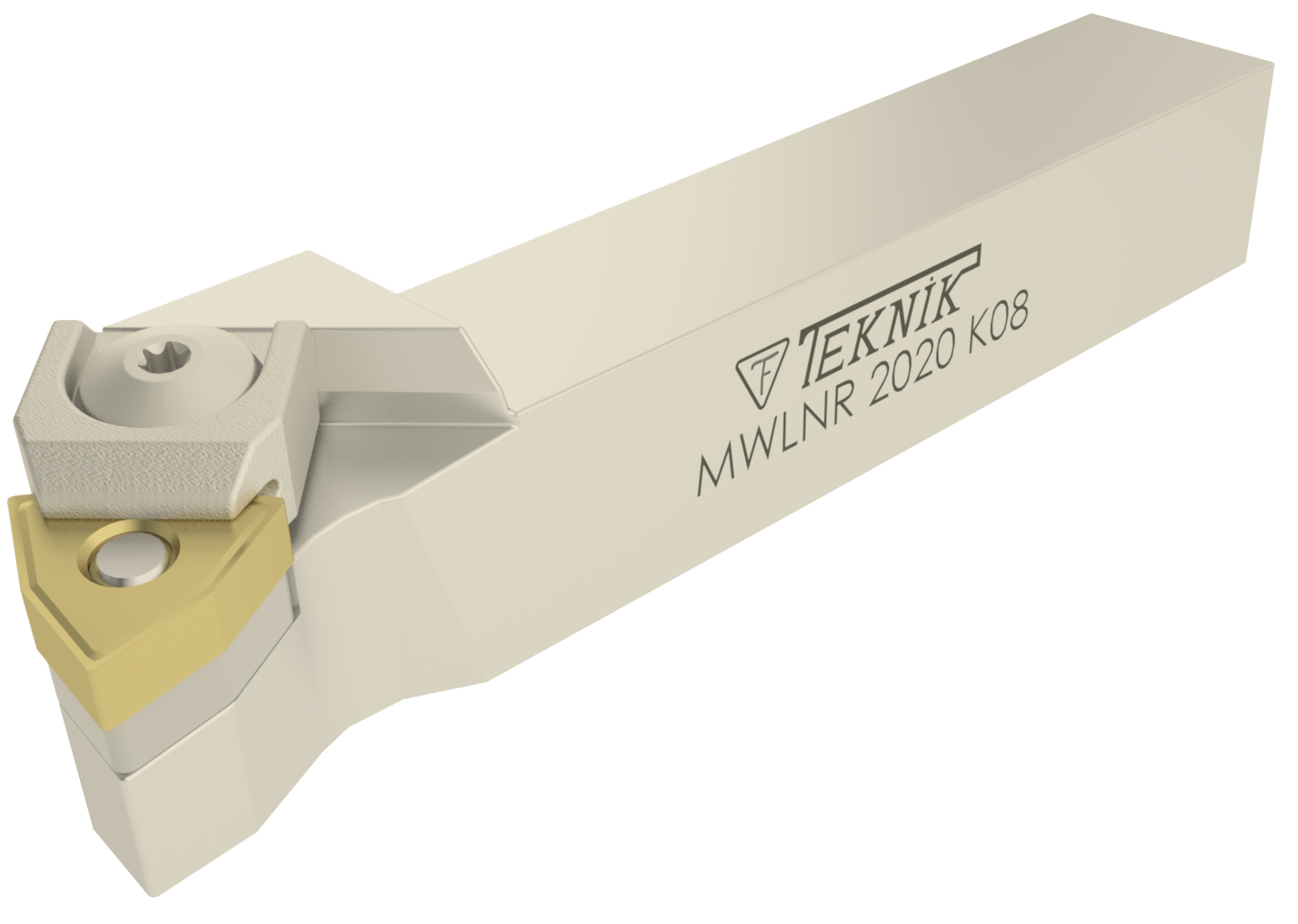Klemmhalter MWLN auf durchsichtigem Hintergrund. Mit einer Wendeplatte des Typs WN--. Auf der Seite des Werkzeugs befinden sich das Logo des Herstellers und der Artikelcode.