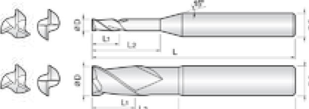 Technische Zeichnung von zwei Schaftfräser. Seitenansicht, daneben befindet sich zwei Vorderansichten. Neben den Zeichnungen befinden sich Linien und Buchstaben für die Größenangaben.