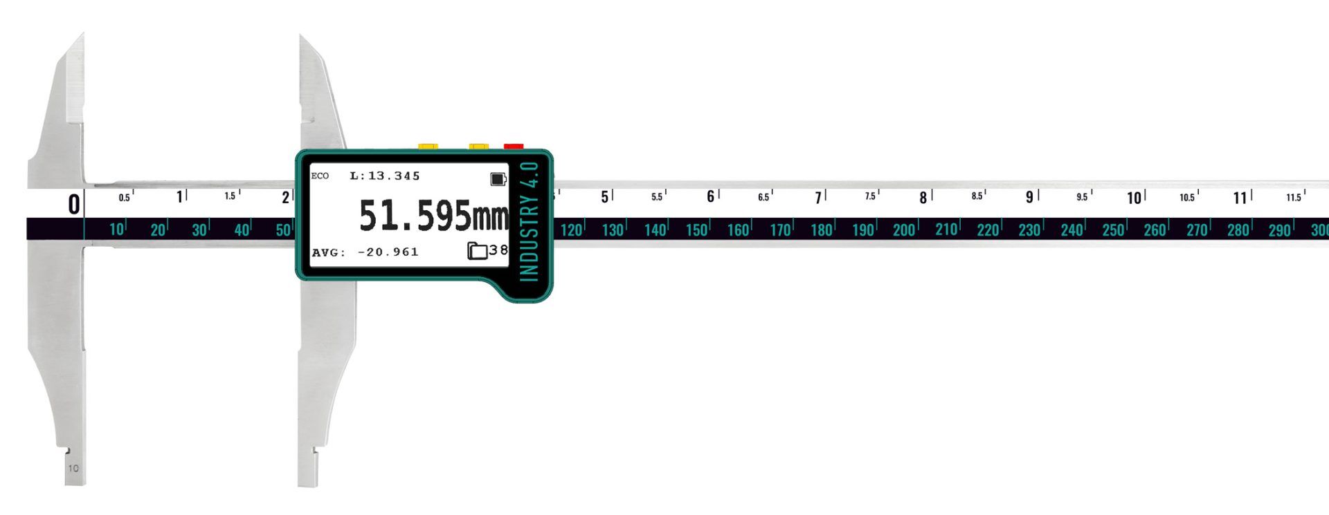0-300mm Präzisionsmessschieber, 0,015mm, E‑Ink Display, Wireless+USB, IP54, Kraftregelung 1–20N, ISO 17025 Kalibrierung - Microtech Metrology