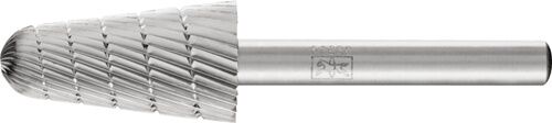 Frässtift HSS Rundkegel Form L: Metall, silbern, Schaft mit Pferd-Logo, 3er Verzahnung auf Kopf