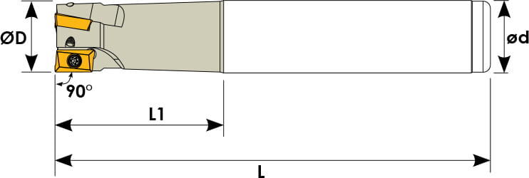 Technische Zeichnung eines Schaftfräsers. Schwarze Linien auf weißem Hintergrund. Die Wendeplatten sind in Gelb angezeigt. Mit Größenangaben.