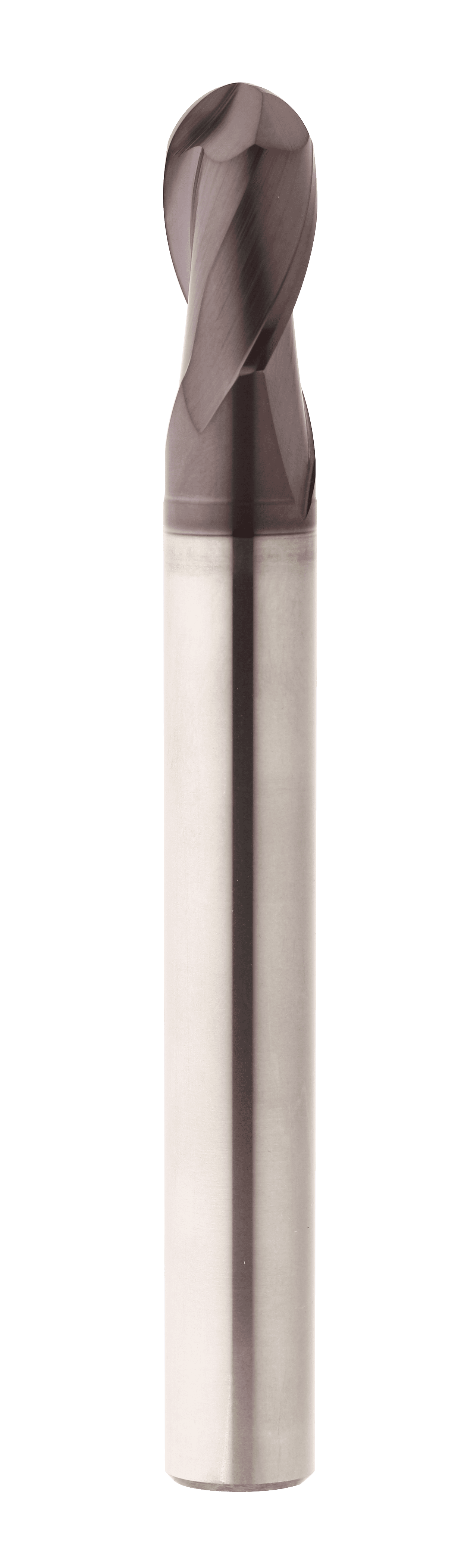 Aufrecht stehender Radiusfräser auf weißem Hintergrund. Die Spitze ist abgerundet und braun.