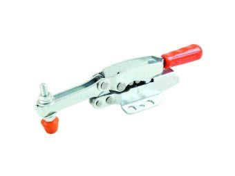 Selbstregulierender Horizontalspanner auf weißem Hintergrund. Der Griff ist in rotem Kunststoff bekleidet. Der Fuß ist waagerecht und flach für einen sicheren Stand.