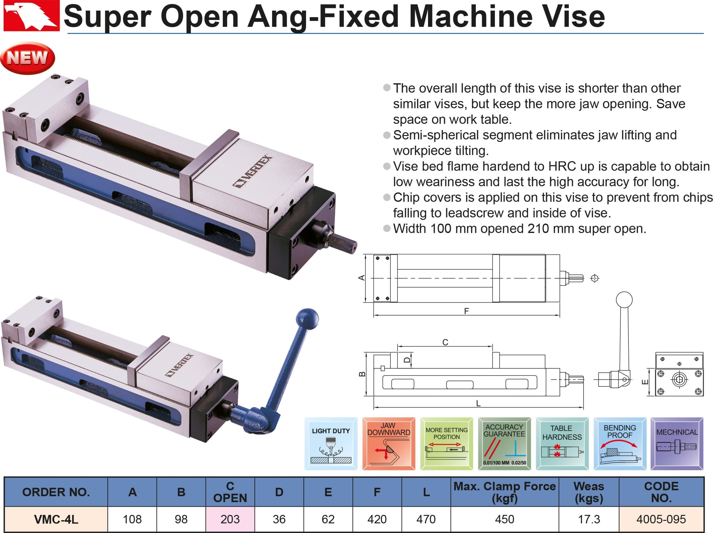 0-203 mm Machine Vice VMC-4L Three-Point Mechanical, 450 kgf Clamping Force - Vertex