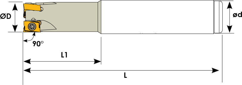 Technische Zeichnung eines Schaftfräsers. Schwarze Linien auf weißem Hintergrund. Die Wendeplatten sind in Gelb angezeigt. Mit Größenangaben.
