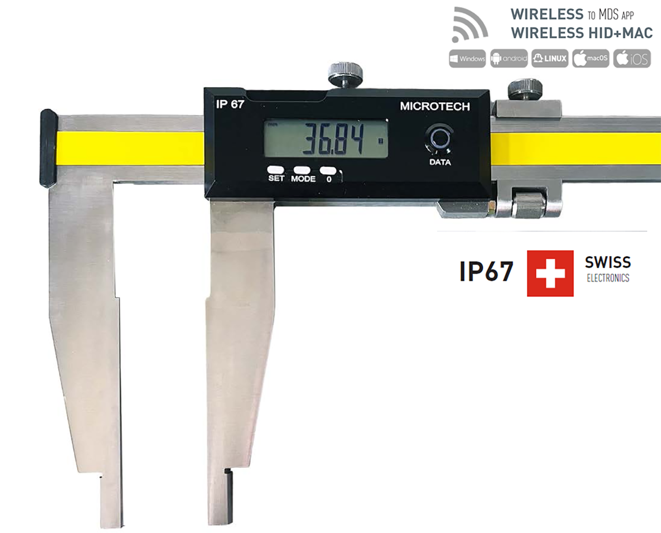 Microtech 500mm Digitaler Messschieber: Frontalansicht mit IP67, Wireless und Kalibrierungs-Logo