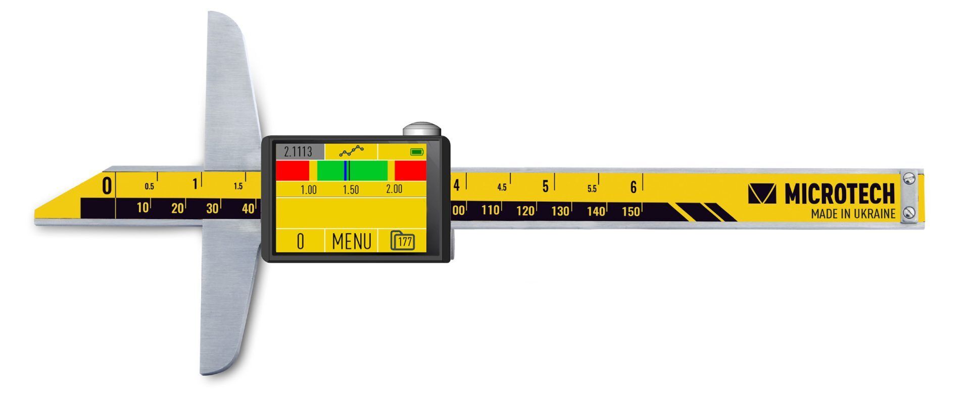 200mm Tiefenmessschieber Microtech: Gelber Messkörper, E-Ink Display mit Messwert 2.1113, Frontalansicht