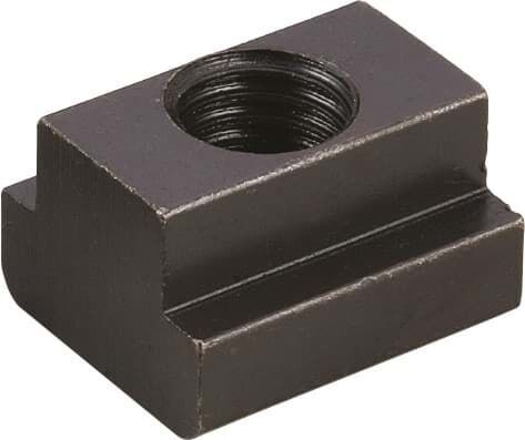 T-Nut Stück: Schwarzes Stahl-Spannteil mit Innengewinde, leicht schräg von oben, nut, gewindeeinlage, quader, metallteil, gewindeloch