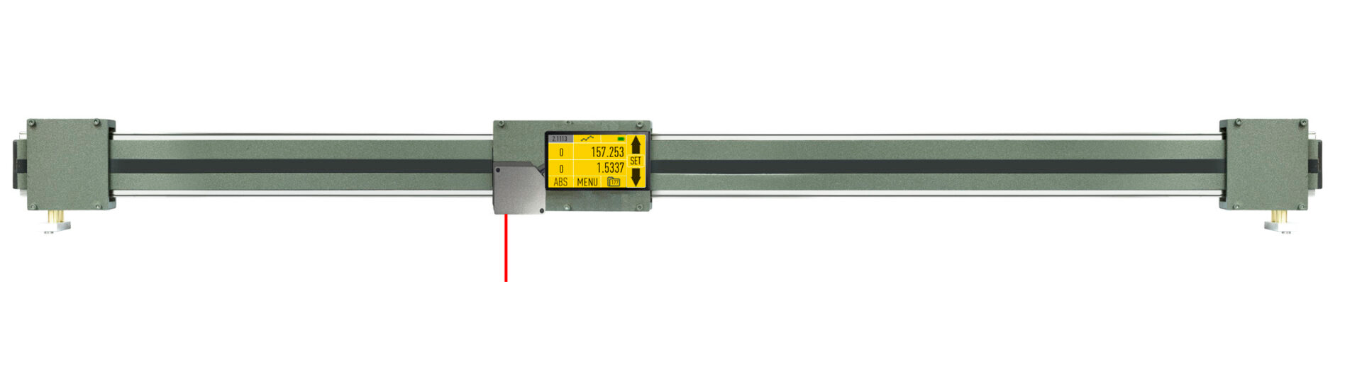 900mm X-Achse 2D Makro-Profilstativ: Graues Metallprofil, mittiger Touchscreen mit Messwerten, roter Laserstrahl