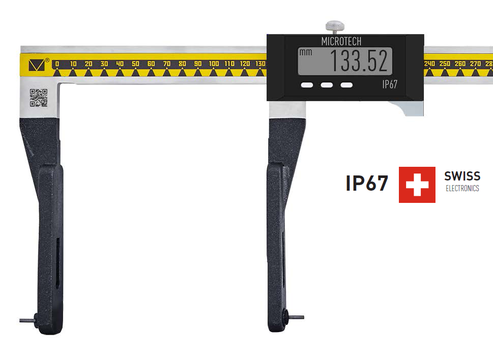 Digitaler Messschieber 75-575mm, IP67, Frontalansicht mit Displayanzeige 133.52 mm, gelber Skala