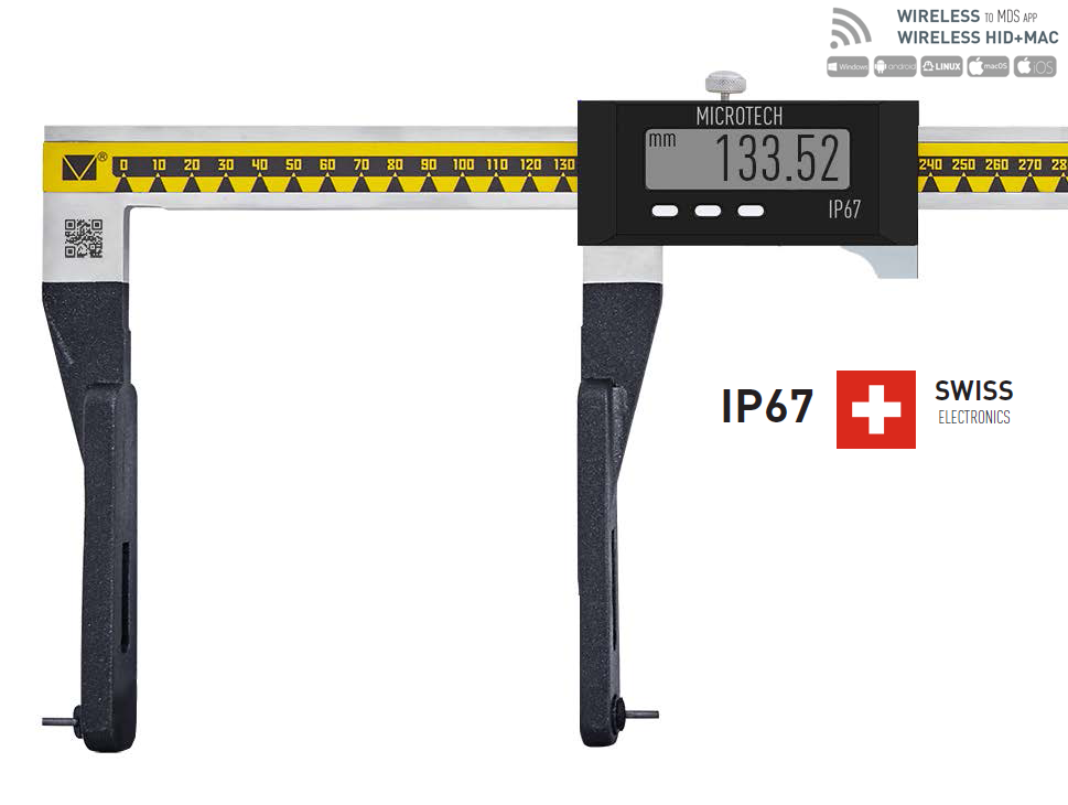 575mm Digitaler Messschieber: Frontansicht mit Digitalanzeige 133.52mm, gelbe Skala, schwarze Backen, IP67 Logo