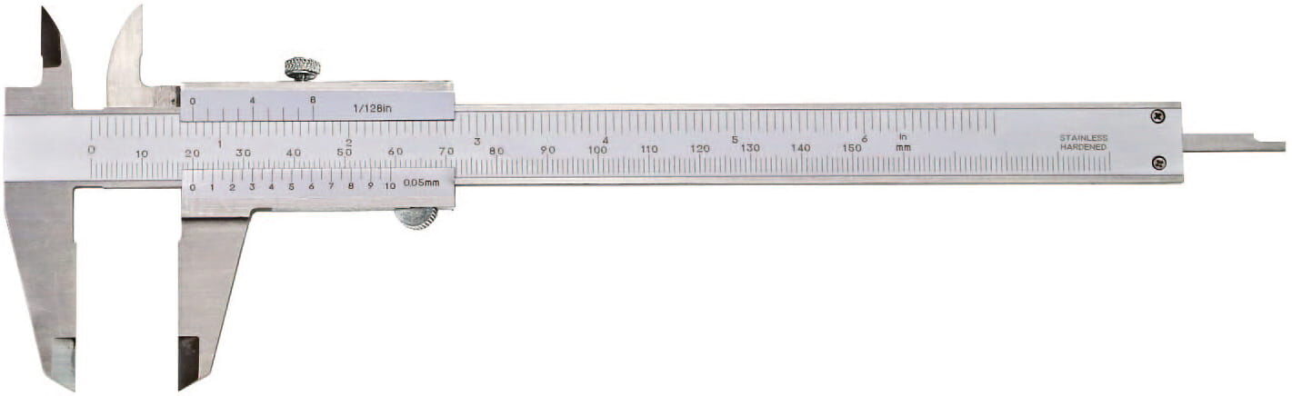 150mm Taschen-Messschieber, 0,05mm Nonius, Monoblock, mattverchromt, Feststellschraube, Vierfachmessung, Lieferung in Kasten - Metav IndustryLine