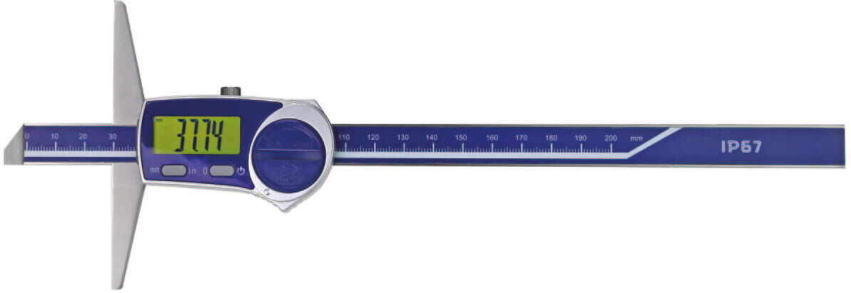 200mm Digitaler Tiefenmessschieber, 0,01mm, IP67, Edelstahl gehärtet, mm/inch Display, Kasten – Metav IndustryLine