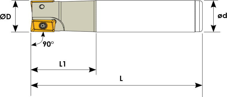 Technische Zeichnung eines Schaftfräsers. Schwarze Linien auf weißem Hintergrund. Die Wendeplatten sind in Gelb angezeigt. Mit Größenangaben.