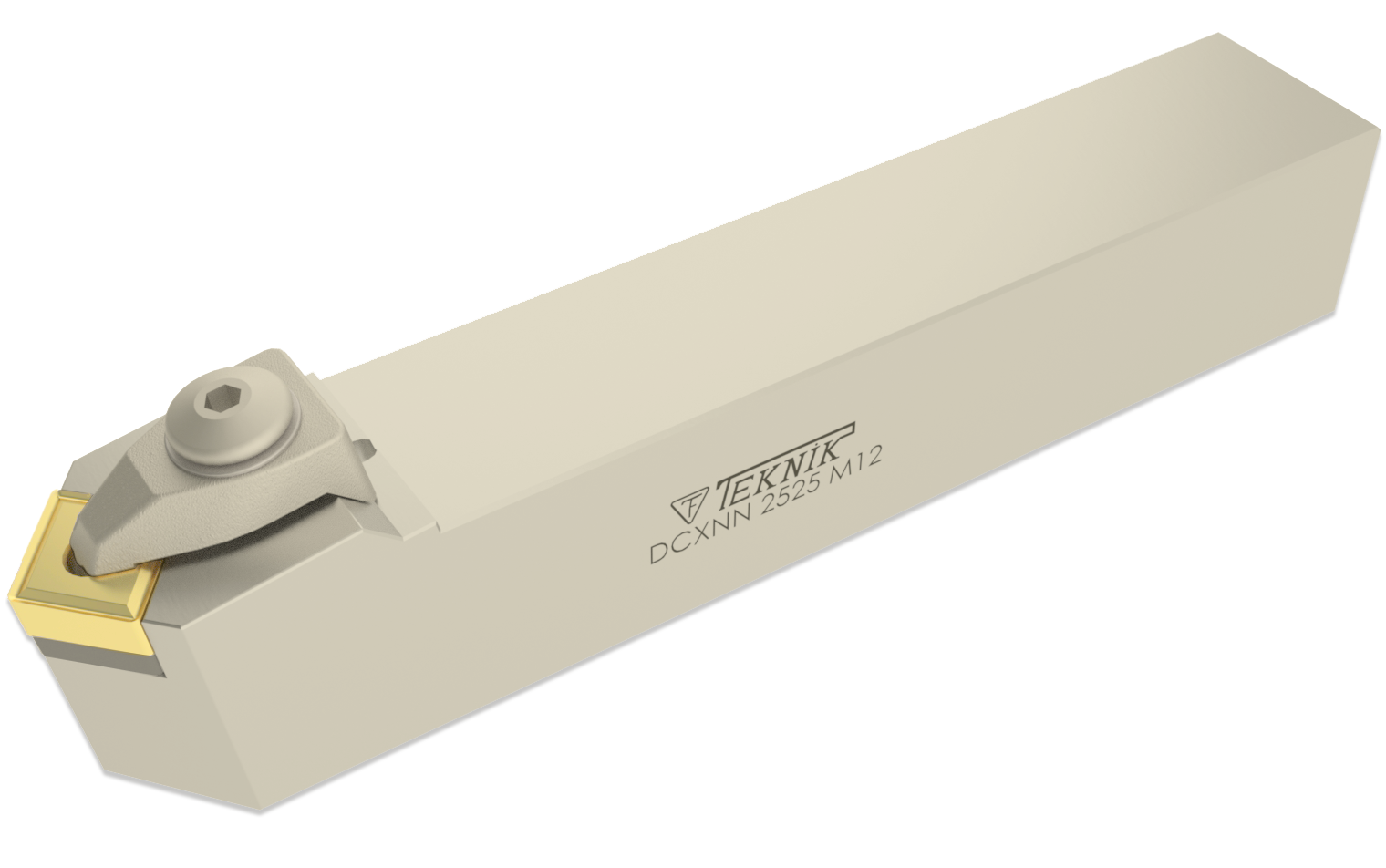 Klemmhalter DCXN auf weißem Hintergrund. Mit einer Wendeplatte des Typs CN--. Auf der Seite des Werkzeugs befinden sich das Logo des Herstellers und der Artikelcode.