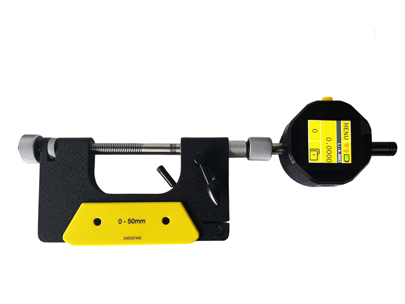 Microtech Digitale Bügelmessschraube 100-150mm, schwarz/gelb, Wireless/USB, Frontalansicht