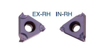 Zwei Wendeplatten des Typs 11irb32un auf weißem Hintergrund. In der Mitte steht der Typ der abgebildeten Wendeplatten "EX-RH" und "IN-RH". Die Wendeplatten sind dreieckig mit Haken an den Spitzen.