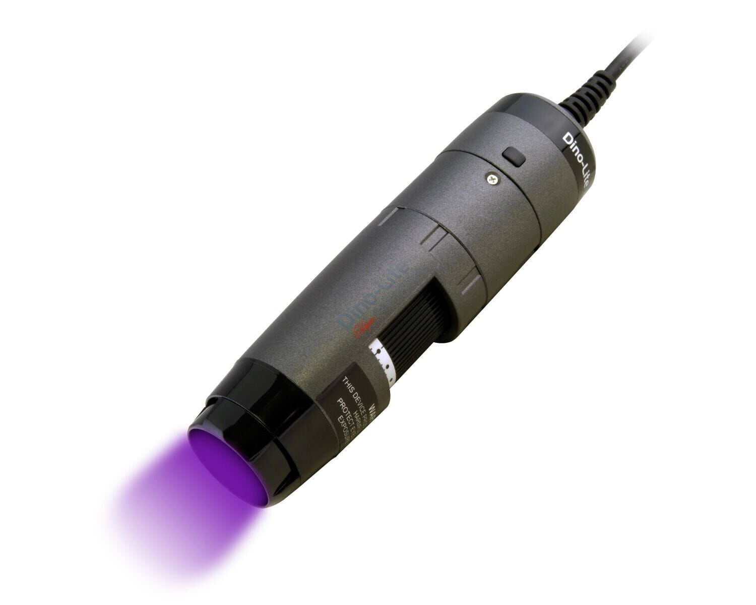 Dino-Lite AF4515TL-FVW UV-Mikroskop: Grau-schwarzer Kunststoffgehäuse mit lila UV-Lichtkegel aus der Linse
