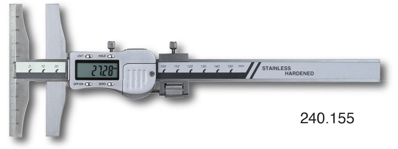 200mm Digitaler Anreiß-Messschieber T‑Form, 0,01mm Auflösung, Anreißschiene 150mm, Kasten - Metav IndustryLine