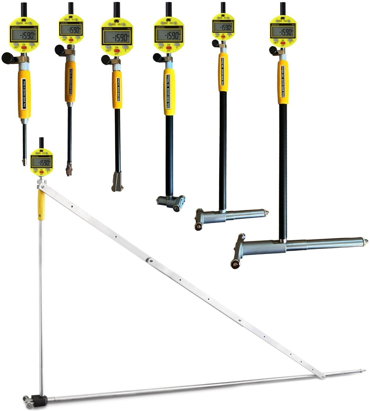 Microtech Metrology Innen-Feinmessgerät: Mehrere Messgeräte, digital, mit Hartmetall-Messflächen. Frontalansicht.