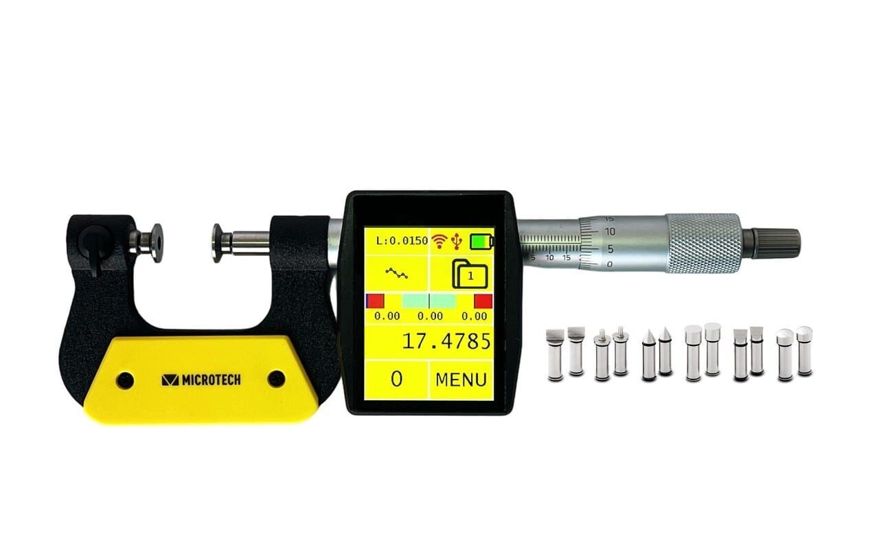 Microtech Digital Universal-Messschraube 100-125mm, schwarzer Rahmen, gelbes Gehäuse, LCD-Display, 7 Messeinsätze