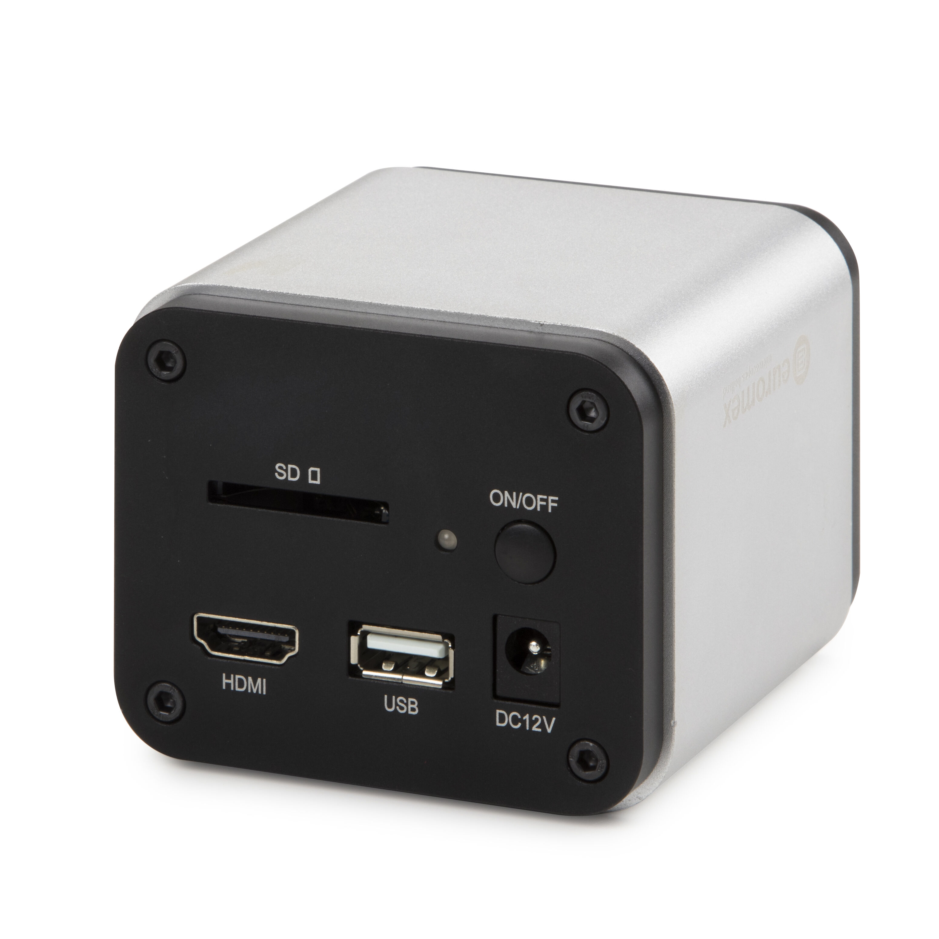 Rückansicht einer Euromex HD-Farbkamera auf weißem Hintergrund. Das Gehäuse ist silbern während die Rückseite schwarz ist. Auf der Rückseite kann man auch die USB-Eingänge sehen.