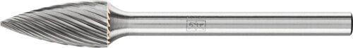PFERD Kleinfrässtift Hartmetall Form K SPG Kopflänge 13mm, Schaft-Ø 3mm, silberfarben, mit Spiralzähnen in Seitenansicht