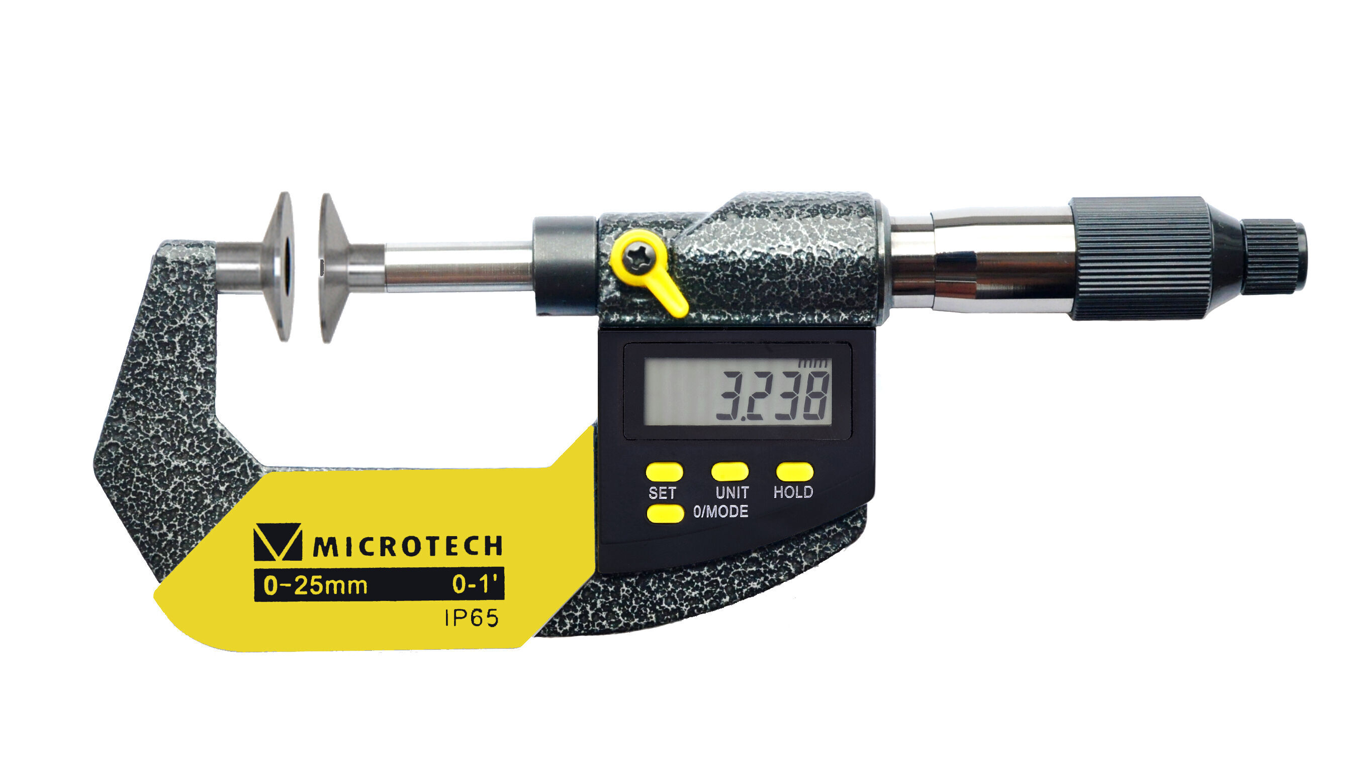 Microtech Metrology Digitale Messschraube: Grau-gelber Rahmen, digitale Anzeige, Ø20mm Teller, Frontalansicht