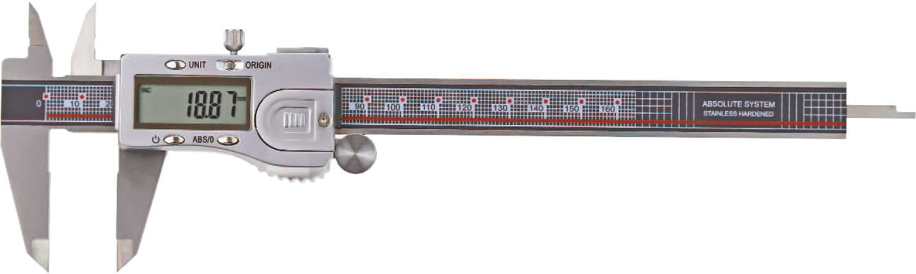 150mm Digitaler Messschieber, 0,01mm Auflösung, TIN‑Beschichtet, Absolut‑System, RB‑5 Datenausgang, 4‑fach Messung, Kasten, anwendbar mit oder ohne Antriebsrolle - Metav IndustryLine