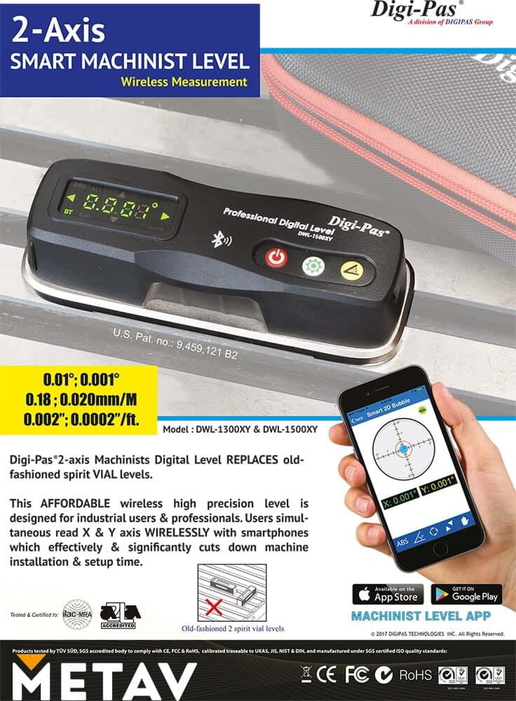 Katalogseite für Digi-Pas Präzisionswasserwaage. Die Seite zeigt die Wasserwaage, ein Handy mit der Software, einen Text, und die Logos von Digi-Pas und METAV.
