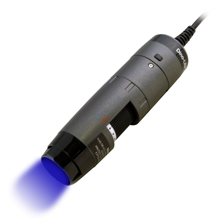 Dino-Lite AF4515T-JV USB Mikroskop: Graues Gehäuse, blaue UV-Beleuchtung aus Objektiv strahlend
