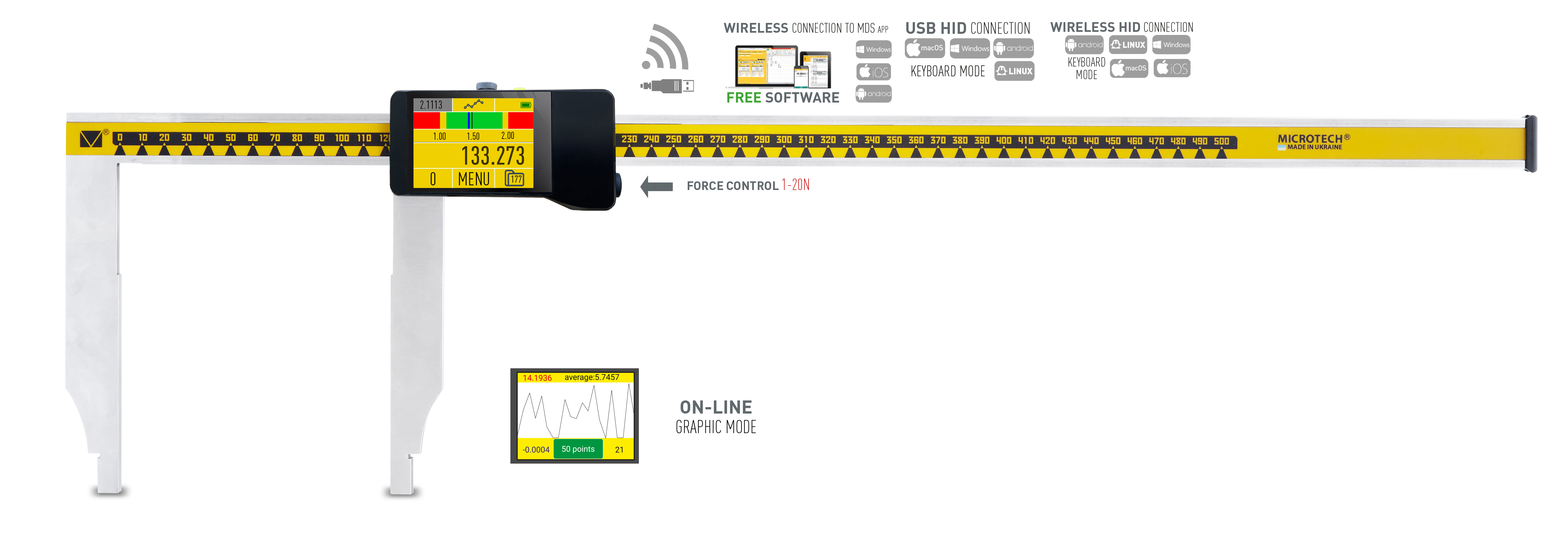 Microtech Digitaler Werkstattmessschieber, 1000mm, mit 2.4" Touchscreen und Wireless-Anschluss, Frontalansicht