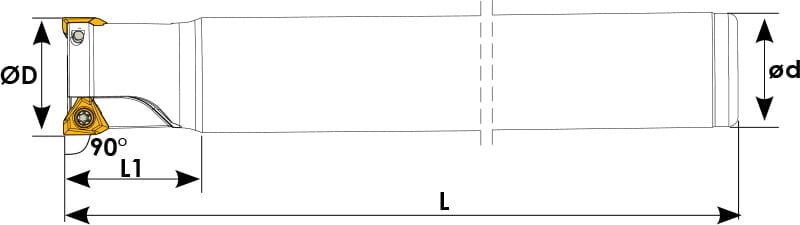 Technische Zeichnung eines Schaftfräsers. Schwarze Linien auf weißem Hintergrund. Die Wendeplatten sind in Gelb angezeigt. Mit Größenangaben.