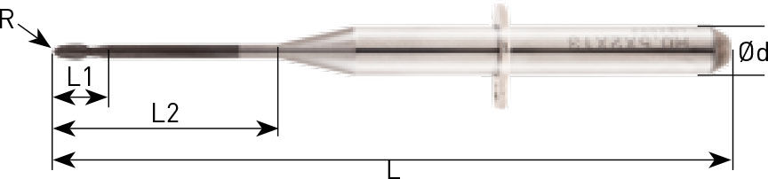 Seitenansicht eines Schaftfräsers auf weißem Hintergrund. Neben dem Fräser sind Linien und Buchstaben für die Größenangabe gezeichnet.