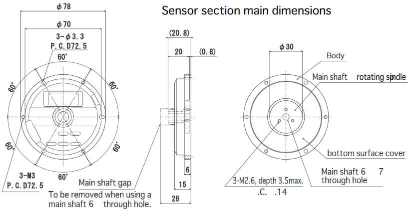 Technische Zeichnung des Winkelsensors von Marui Keiki. Schwarze Linien auf weißem Hintergrund. Von Rechts nach Links sind die Vorder-, Seiten- und Rückansicht. Größenangaben und Erklärungen stehen um die Zeichnungen rum.