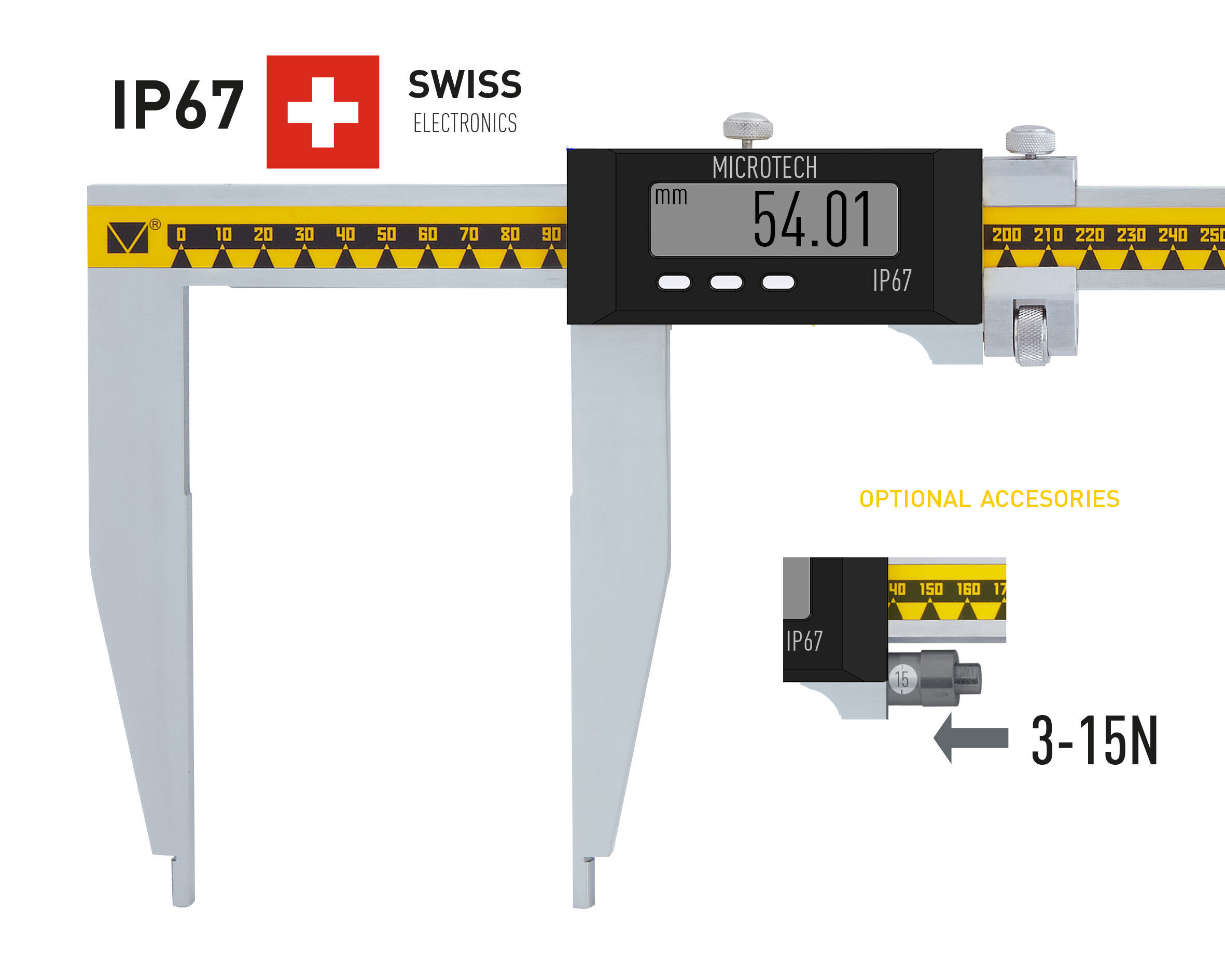 Microtech Digitaler Messschieber 1000mm, IP67, Swiss Display, Drahtlos – Frontalansicht mit 54.01mm Anzeige