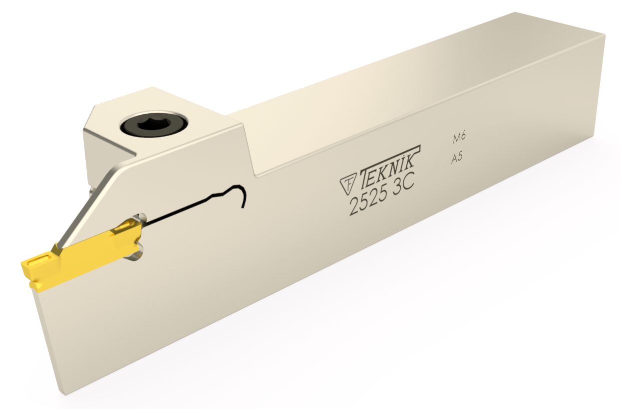 Stech-Klemmhalter auf weißem Hintergrund. Mit einer Wendeplatte des Typs ZT.D. Auf der Seite des Werkzeugs befinden sich das Logo des Herstellers und der Artikelcode.